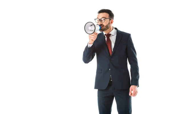 Smiling Handsome Businessman Talking Megaphone Looking Away Isolated White — Stock Photo, Image