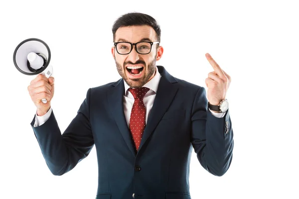 Angry Businessman Loudspeaker Screaming Showing Middle Finger Isolated White — Stock Photo, Image