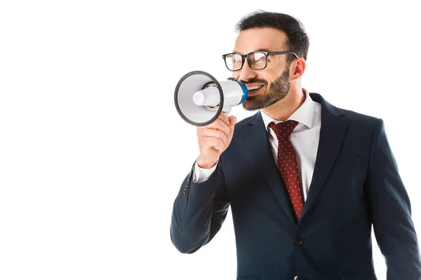 Empresário Alegre Falando Megafone Olhando Para Longe Isolado Branco — Fotografia de Stock