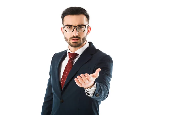 Handsome Bearded Businessman Looking Camera Outstretched Hand Isolated White — Stock Photo, Image