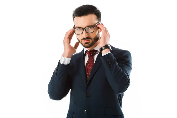 Handsome Businessman Black Suit Holding Hands Head Looking Camera Isolated — Stock Photo, Image