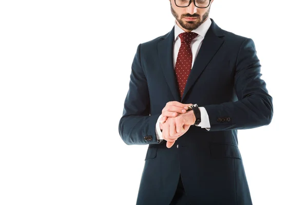 Recortado Vista Hombre Negocios Traje Negro Mirando Reloj Aislado Blanco — Foto de Stock