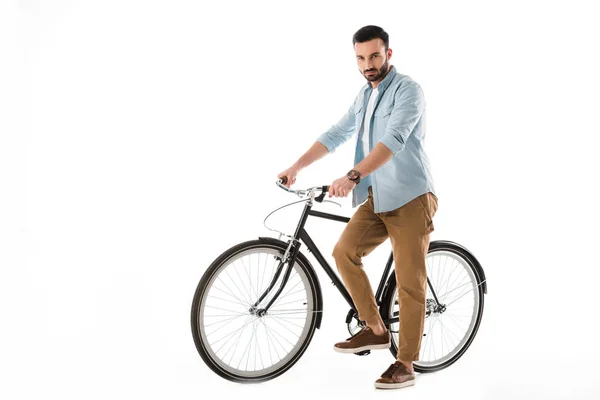 Serio Uomo Barbuto Con Bicicletta Guardando Fotocamera Isolata Bianco — Foto Stock