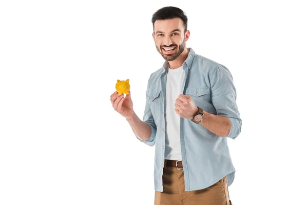 Happy Handsome Man Holding Piggy Bank Showing Yes Gesture Isolated — Stock Photo, Image