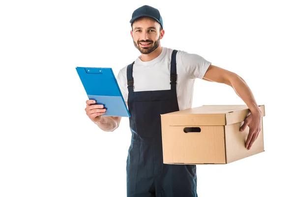 Handsome Delivery Man Cardboard Box Holding Clipboard Looking Camera Isolated — Stock Photo, Image