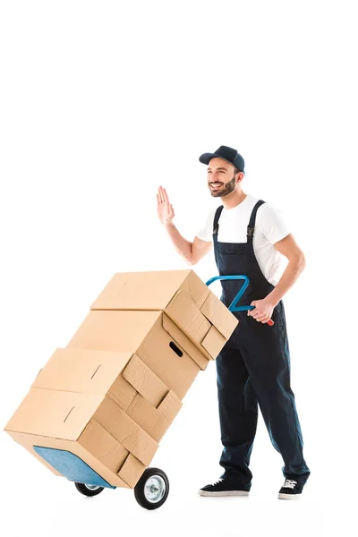 Homem Entrega Sorridente Transportando Caminhão Mão Com Caixas Papelão Mostrando — Fotografia de Stock