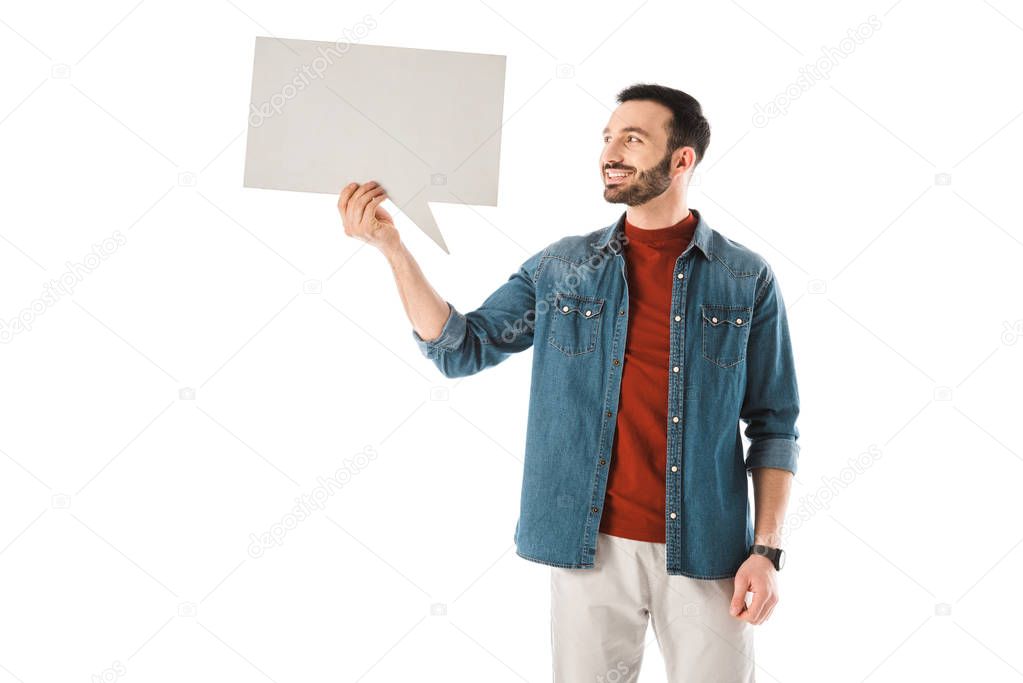 smiling handsome man holding speech bubble isolated on white