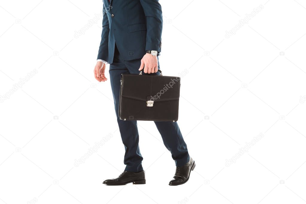 cropped view of adult businessman with briefcase isolated on white