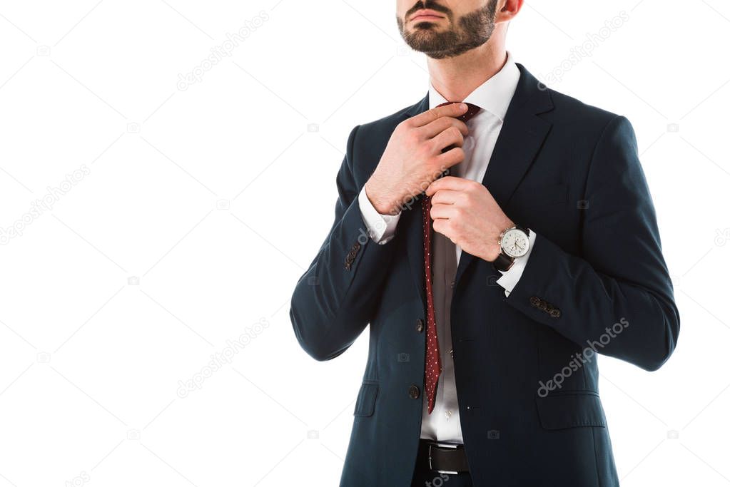 cropped view of businessman in black suit touching tie isolated on white