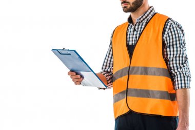 beyaz izole güvenlik yeleği tutan pano inşaat işçisikısmi görünümü