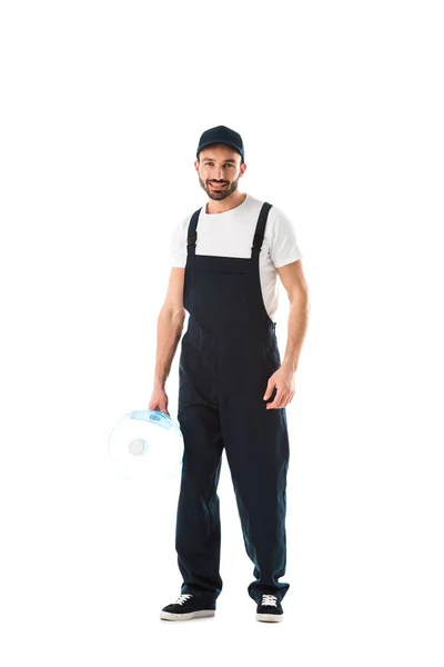 Happy Delivery Man Holding Bottle Water Looking Camera Isolated White — Stock Photo, Image