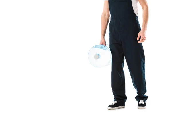 Partial View Delivery Man Overalls Holding Bottle Water Isolated White — Stock Photo, Image