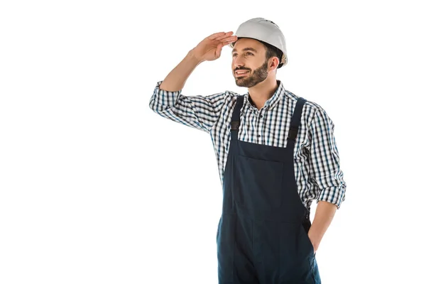 Happy Construction Worker Overalls Helmet Looking Isolated White — Stock Photo, Image