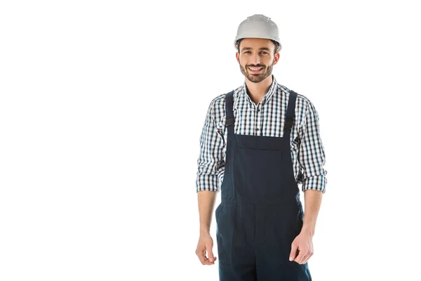 Trabajador Construcción Sonriente Overoles Casco Mirando Cámara Aislada Blanco — Foto de Stock