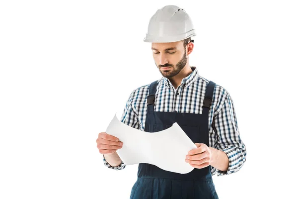 Concentrated Construction Worker Helmet Looking Building Plan Isolated White — Stock Photo, Image