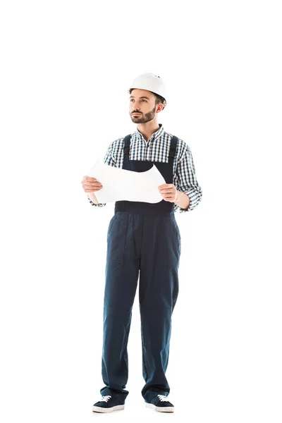 Thoughtful Construction Worker Holding Building Plan Looking Isolated White — Stock Photo, Image