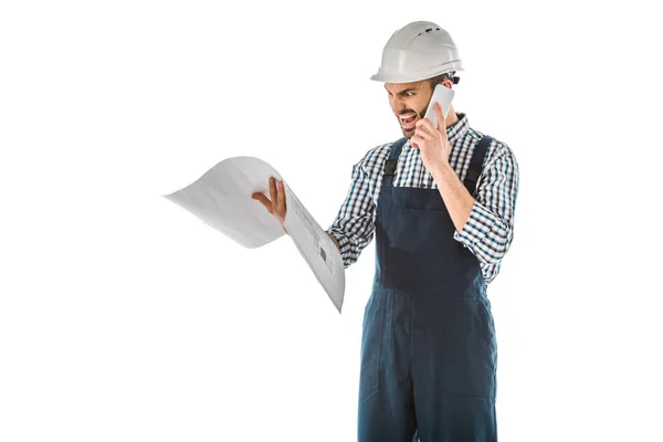 Irritated Foreman Yelling While Talking Smartphone Holding Building Plan Isolated — Stock Photo, Image