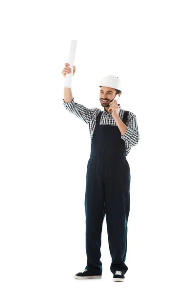 Cheerful Construction Worker Talking Smartphone While Holding Rolled Paper Raised — Stock Photo, Image