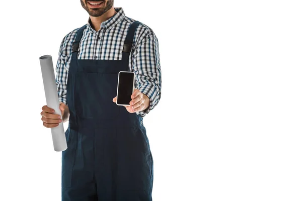 Partial View Construction Worker Holding Smartphone Blank Screen Rolled Paper — Stock Photo, Image