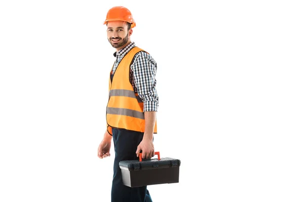 Cheerful Construction Worker Safety Vest Helmet Holding Toolbox Looking Camera — Stock Photo, Image