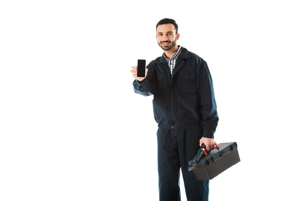 Lächelnder Heimwerker Mit Werkzeugkiste Smartphone Mit Leerem Bildschirm Isoliert Auf — Stockfoto