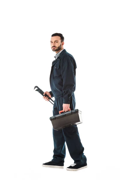 Serious Plumber Holding Adjustable Wrench Toolbox Isolated White — Stock Photo, Image