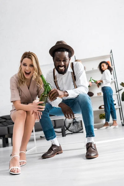 Low Angle View Happy Girl Laughing Cheerful African American Man — Stock Photo, Image