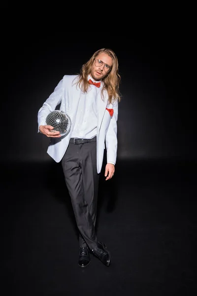 Handsome Man Glasses Holding Disco Ball While Standing Crossed Legs — Stock Photo, Image