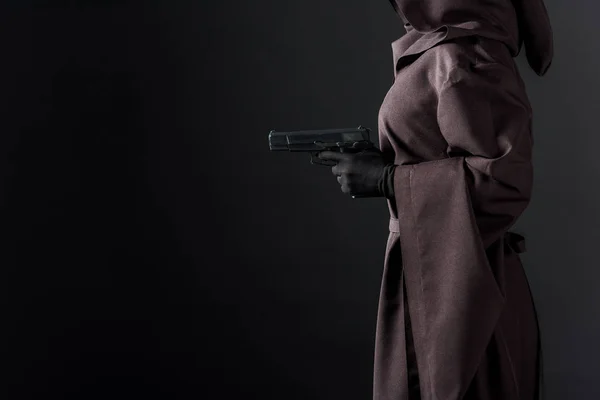 Partial View Woman Death Costume Holding Gun Black — Stock Photo, Image