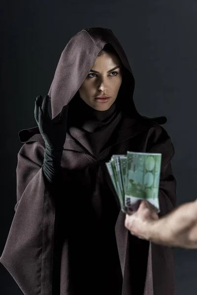 Partial View Man Giving Euro Banknotes Woman Death Costume Isolated — Stock Photo, Image