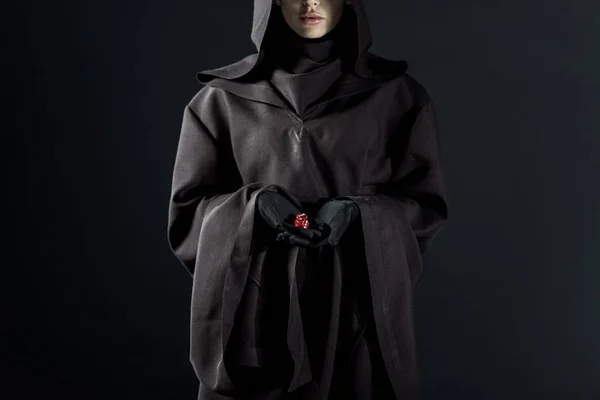 Cropped View Woman Death Costume Holding Dice Isolated Black — Stock Photo, Image