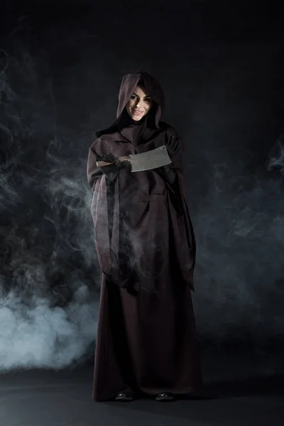 Full Length View Woman Death Costume Holding Cleaver Smoke Black — Stock Photo, Image