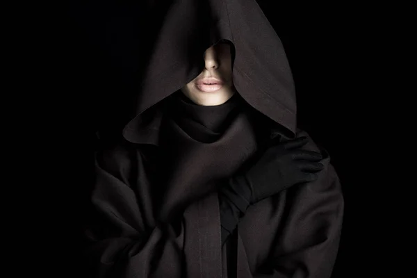 Vooraanzicht Van Mooie Vrouw Death Costume Geïsoleerd Zwart — Stockfoto