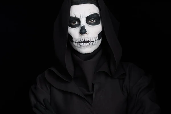 Woman Skull Makeup Looking Camera Isolated Black — Stock Photo, Image