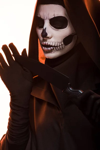 Woman Skull Makeup Holding Knife Isolated White — Stock Photo, Image