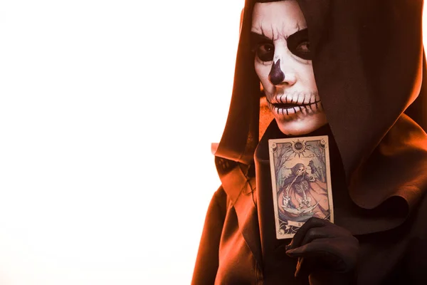 Kyiv Ukraine April 2019 Woman Skull Makeup Holding Tarot Card — Stock Photo, Image