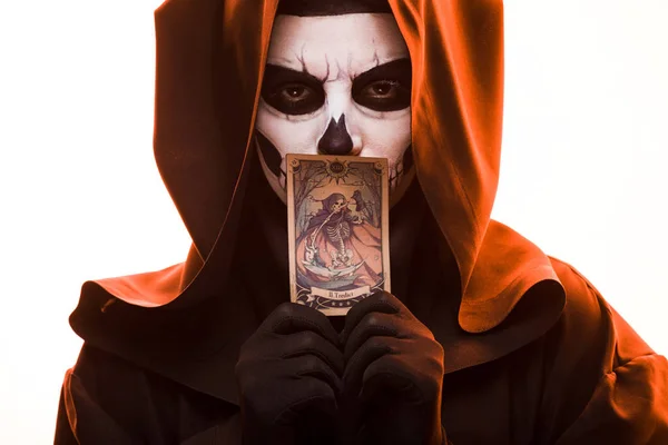 Kyiv Ukraine April 2019 Woman Skull Makeup Holding Tarot Card — Stock Photo, Image