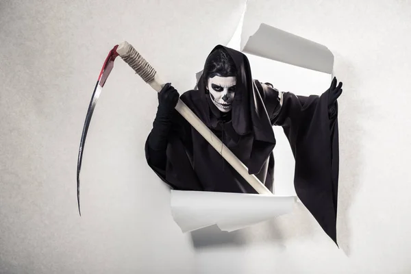 Woman Death Costume Holding Scythe Getting Out Hole Paper — 스톡 사진