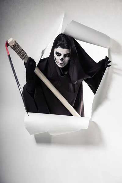 Woman Death Costume Holding Scythe Getting Out Hole Paper — Stock Photo, Image