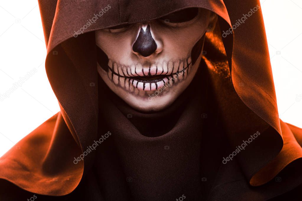 woman with skull makeup in death costume isolated on white