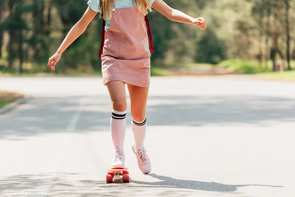 Partial View Girl Knee Socks Skateboarding Road — Stock Photo, Image