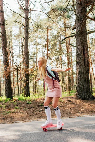 Full Length View Blonde Girl Knee Socks Skateboarding Road — Stock Photo, Image