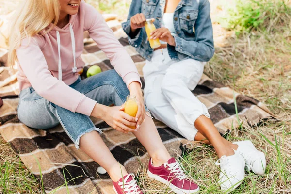 Vista Recortada Dos Chicas Multiétnicas Sentadas Manta Cuadros Sosteniendo Botellas —  Fotos de Stock