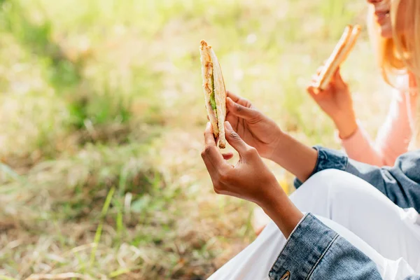 Частковий Вид Двох Багатоетнічних Друзів Які Їдять Бутерброди Пікніку — стокове фото