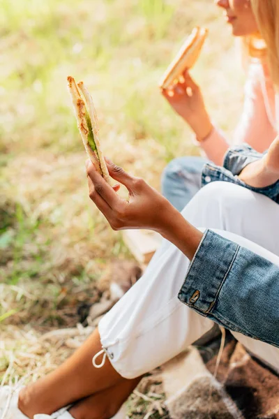 Vedere Parțială Doi Prieteni Multietnici Care Mănâncă Sandvișuri Picnic — Fotografie, imagine de stoc