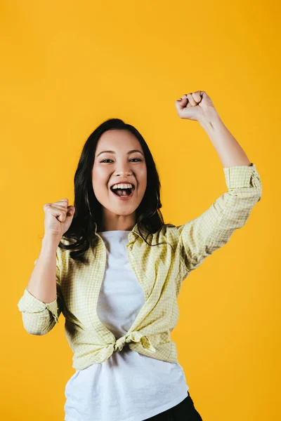 Happy Emotional Asian Girl Isolated Yellow — Stock Photo, Image