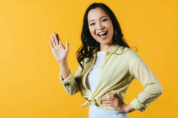 Emotional Asian Girl Waving Isolated Yellow — Stock Photo, Image