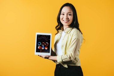 infografik ile dijital tablet gösteren mutlu asyalı kız, sarı izole