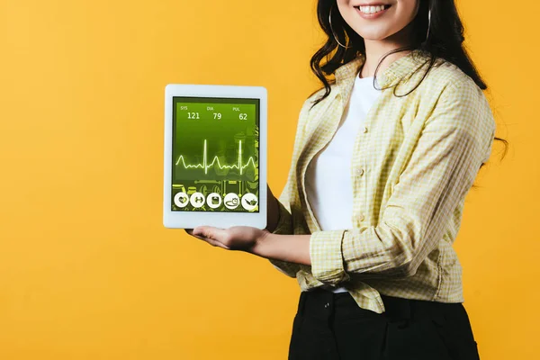 Cropped View Girl Showing Digital Tablet Health App Isolated Yellow — Stock Photo, Image