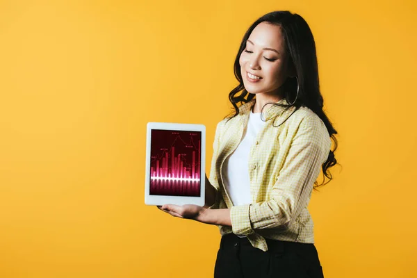 Happy Asian Girl Showing Digital Tablet Graph Isolated Yellow — Stock Photo, Image